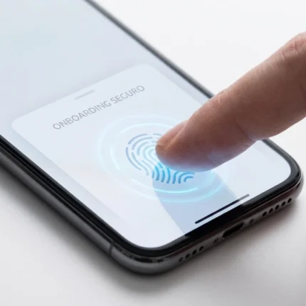 Tela de smartphone exibindo leitura de impressão digital com interface azul para onboarding seguro