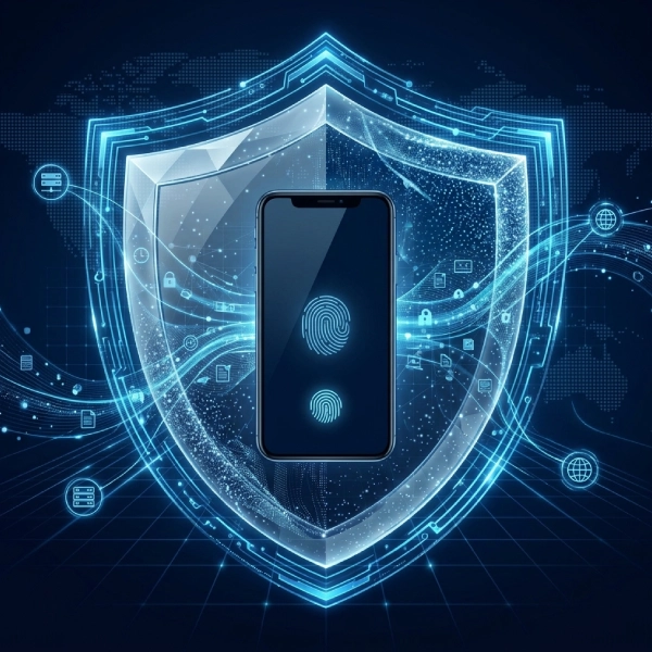 Ilustração de um escudo digital luminoso protegendo a identidade de um usuário validada contra fraudes