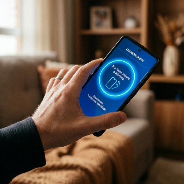 Mão segurando um smartphone durante uma prova de vida interativa com interface biométrica